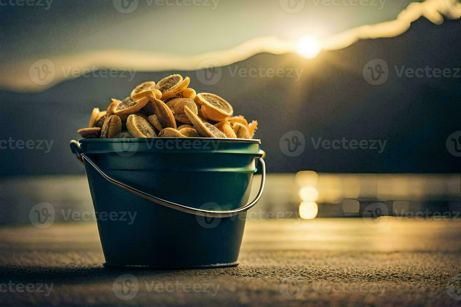 a bucket filled with chips on a wooden table. AI-Generated photo
