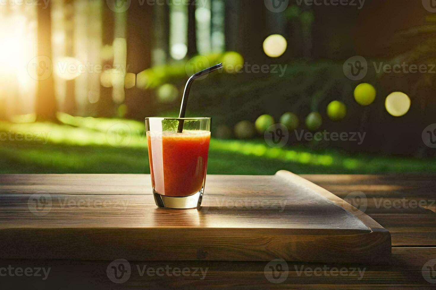 a glass of juice on a wooden table in the sun. AI-Generated photo