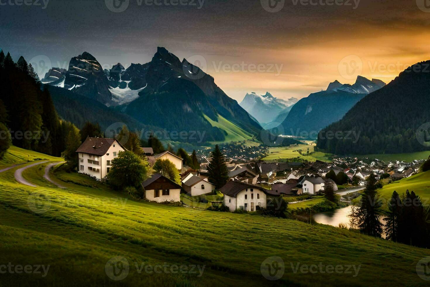the sun sets over a village in the mountains. AI-Generated photo
