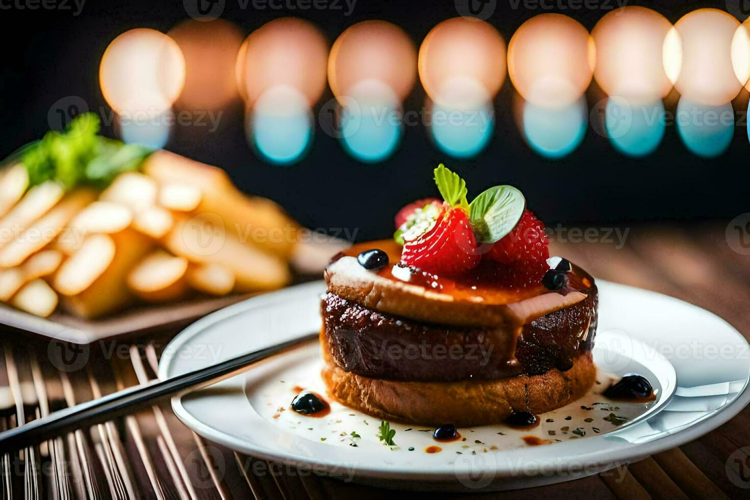 a dessert with strawberries and chocolate on a plate. AI-Generated photo