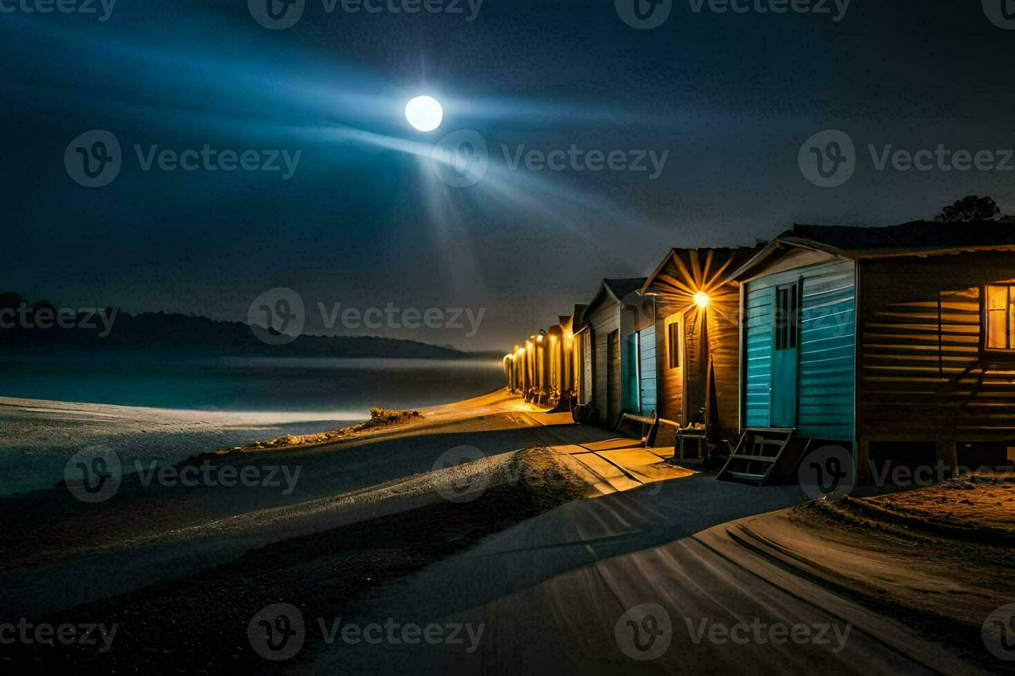 un fila de playa chozas a noche con el Luna brillante. generado por ai foto