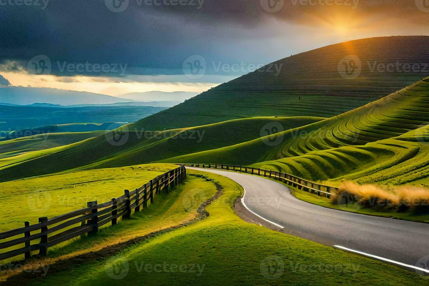 el la carretera a el puesta de sol. generado por ai foto