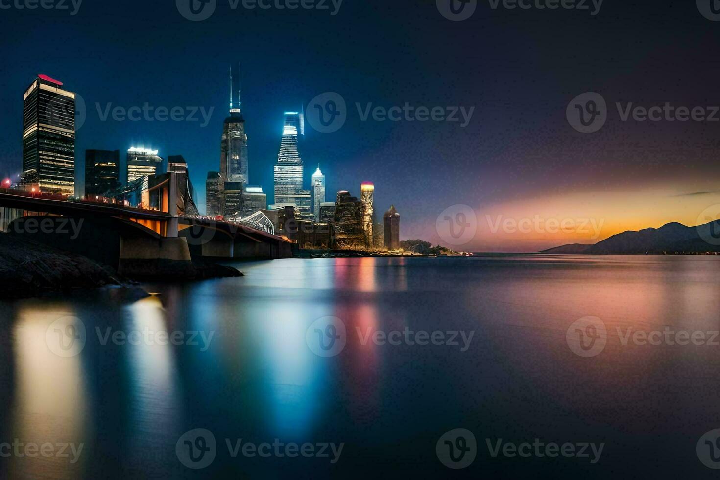 the city skyline at night with the water and bridge. AI-Generated photo