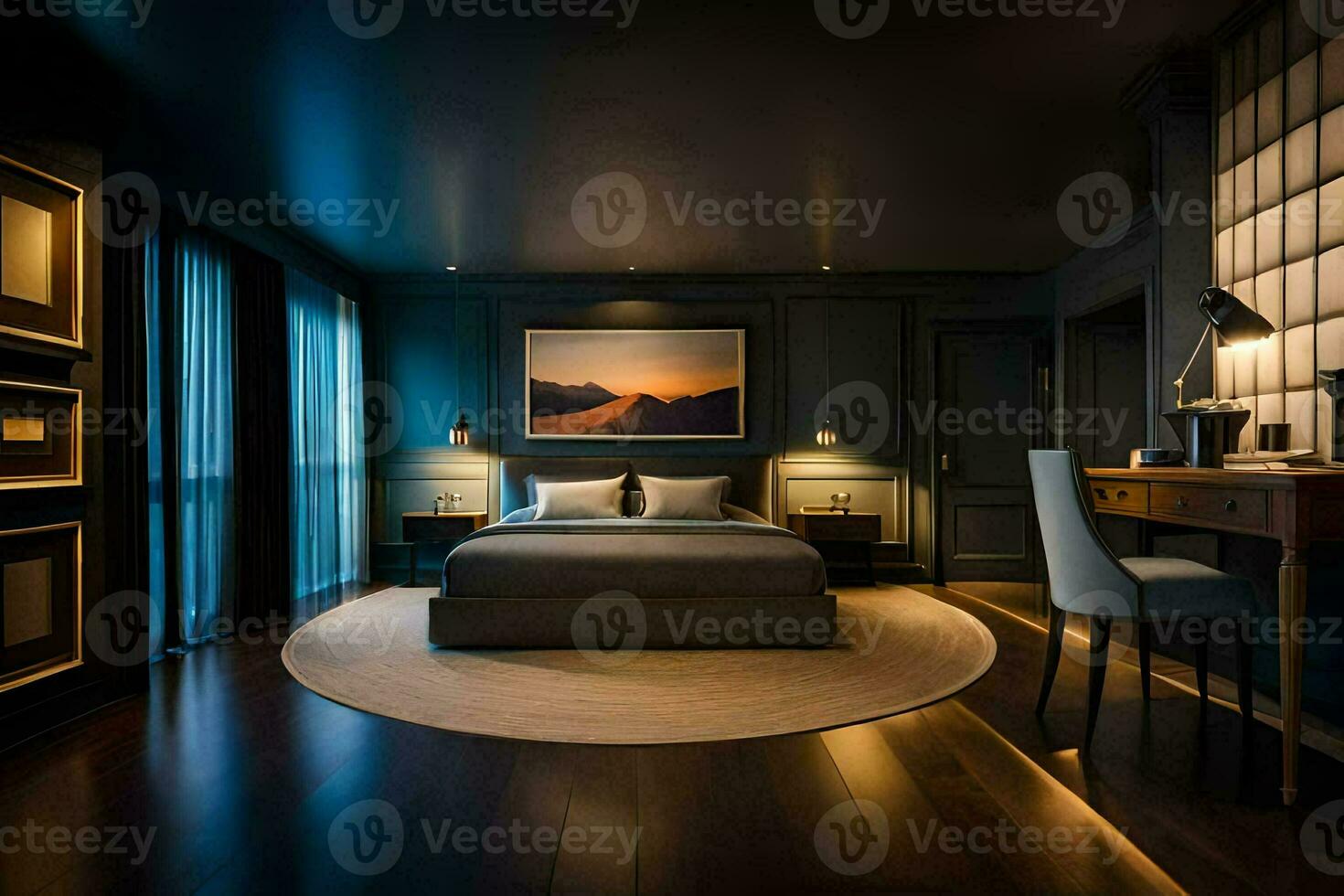 un dormitorio con oscuro madera pisos y un grande cama. generado por ai foto