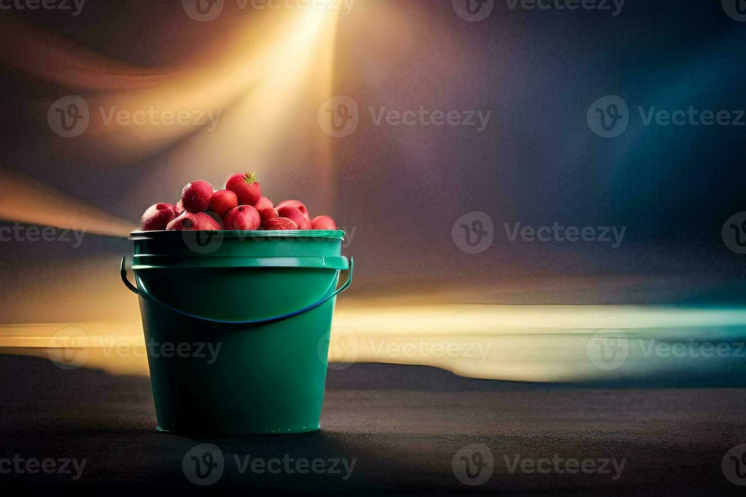 a bucket full of strawberries on a table. AI-Generated photo