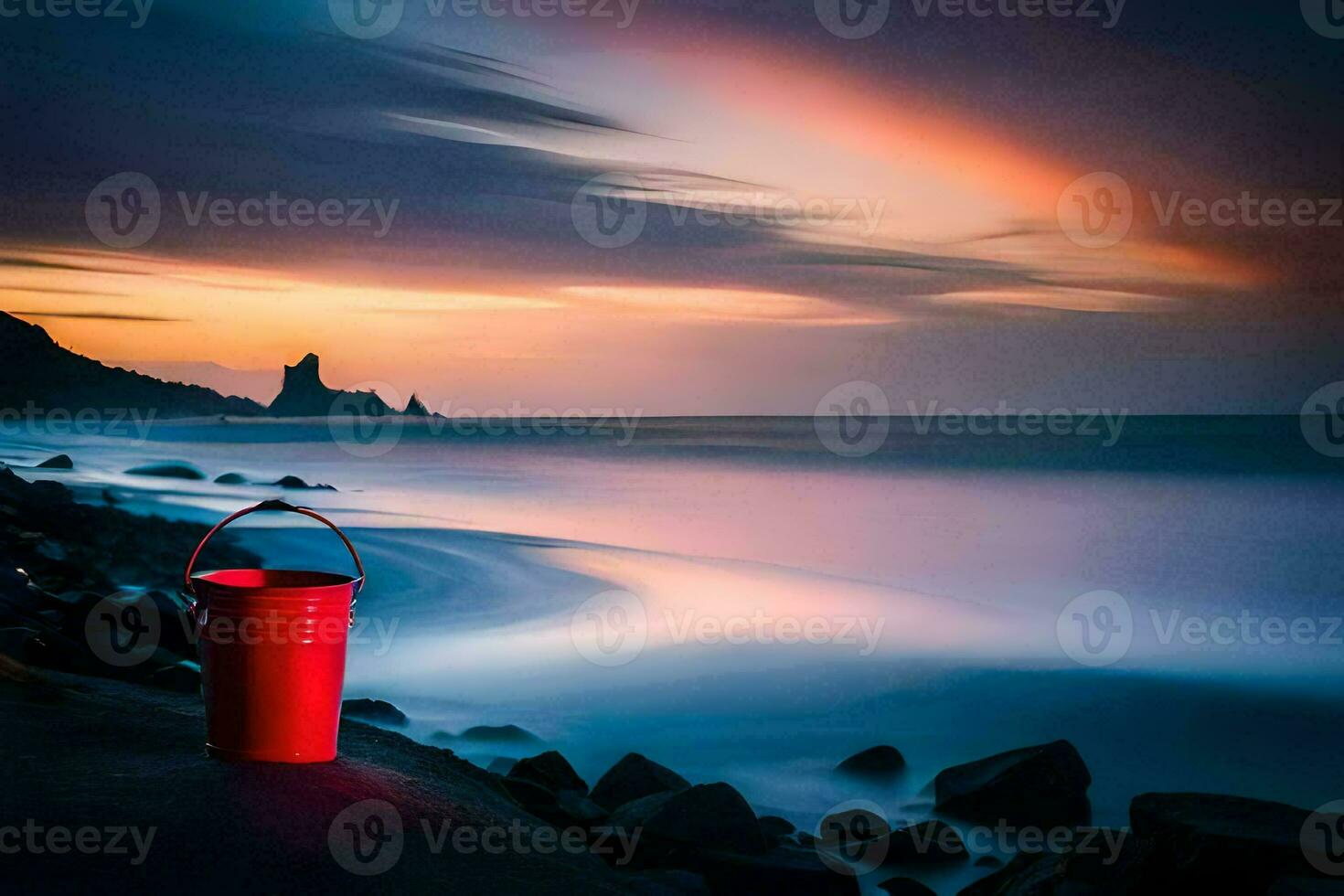 a red bucket sits on the rocks at sunset. AI-Generated photo