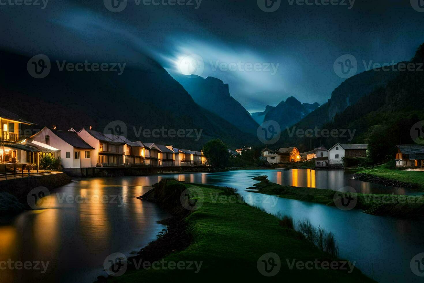 photo wallpaper night, the moon, mountains, river, houses, norway, the moon. AI-Generated