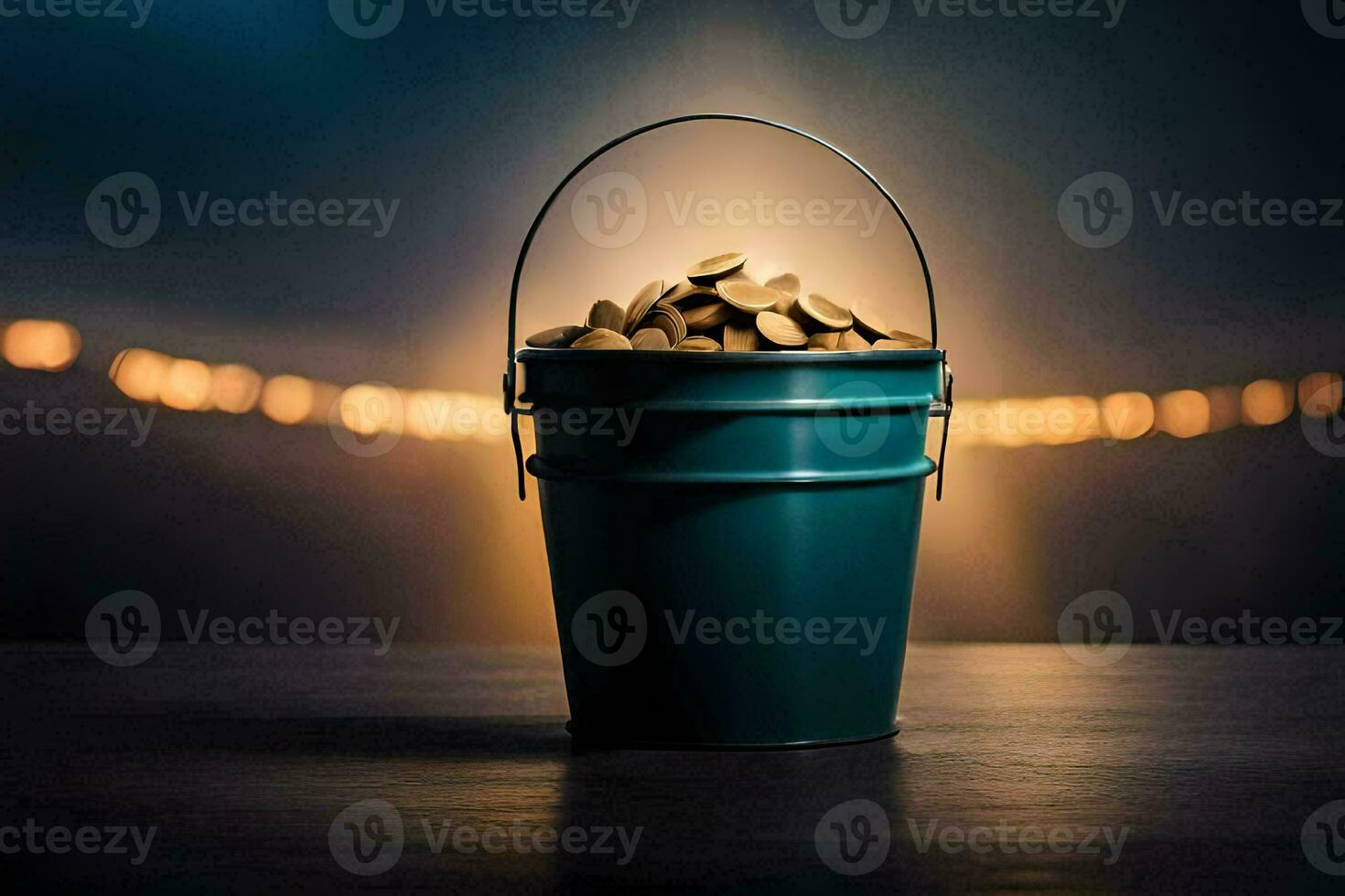a bucket filled with coins on a table. AI-Generated photo