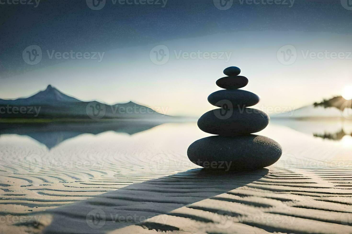 stacked stones on the beach by the water. AI-Generated photo