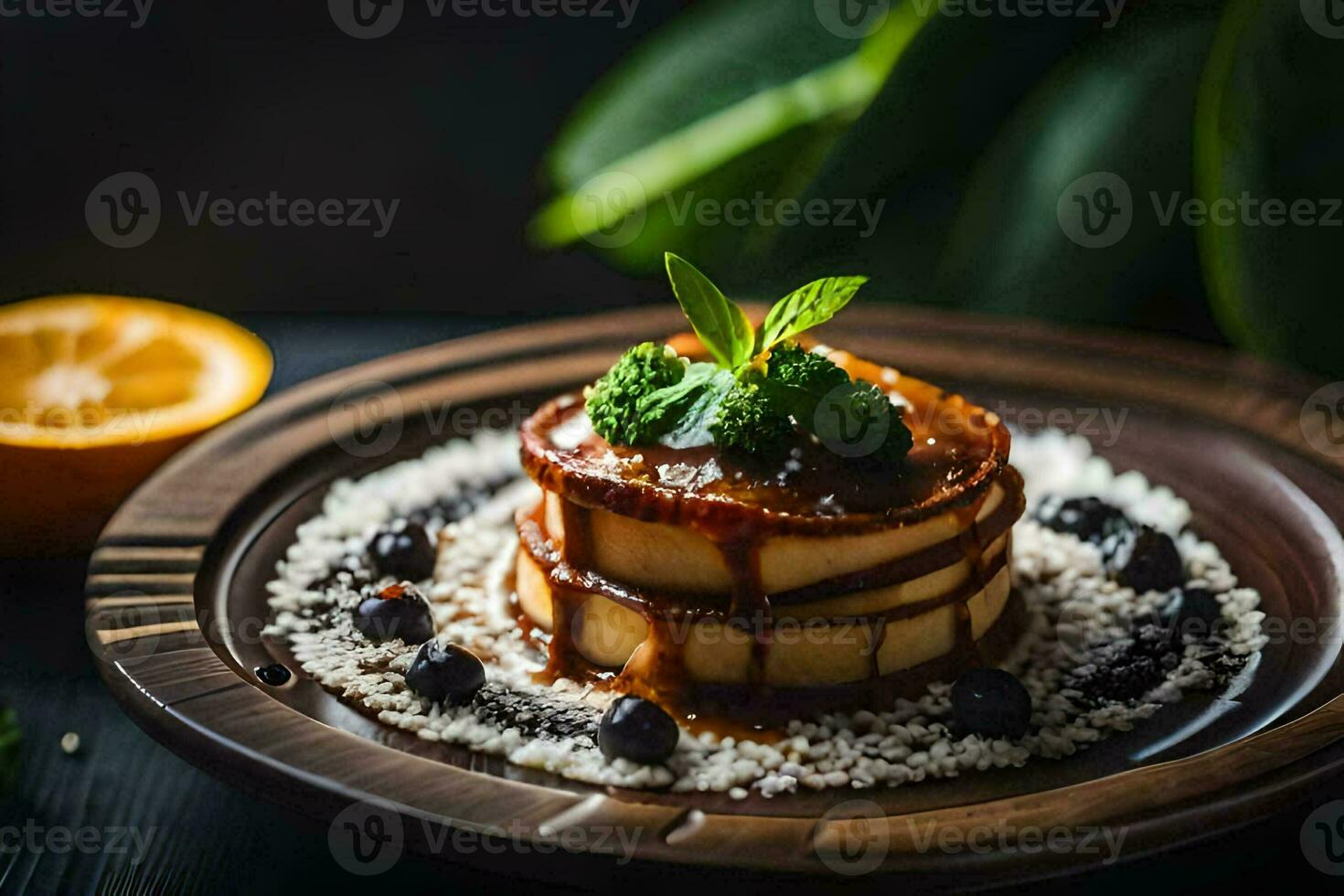 a plate with a dessert on it. AI-Generated photo