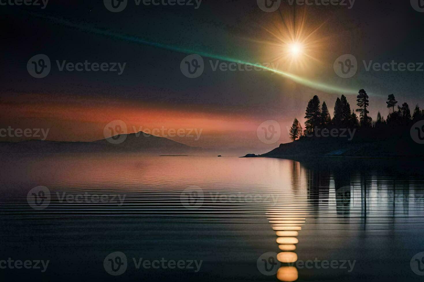 the moon shines brightly over a lake and trees. AI-Generated photo