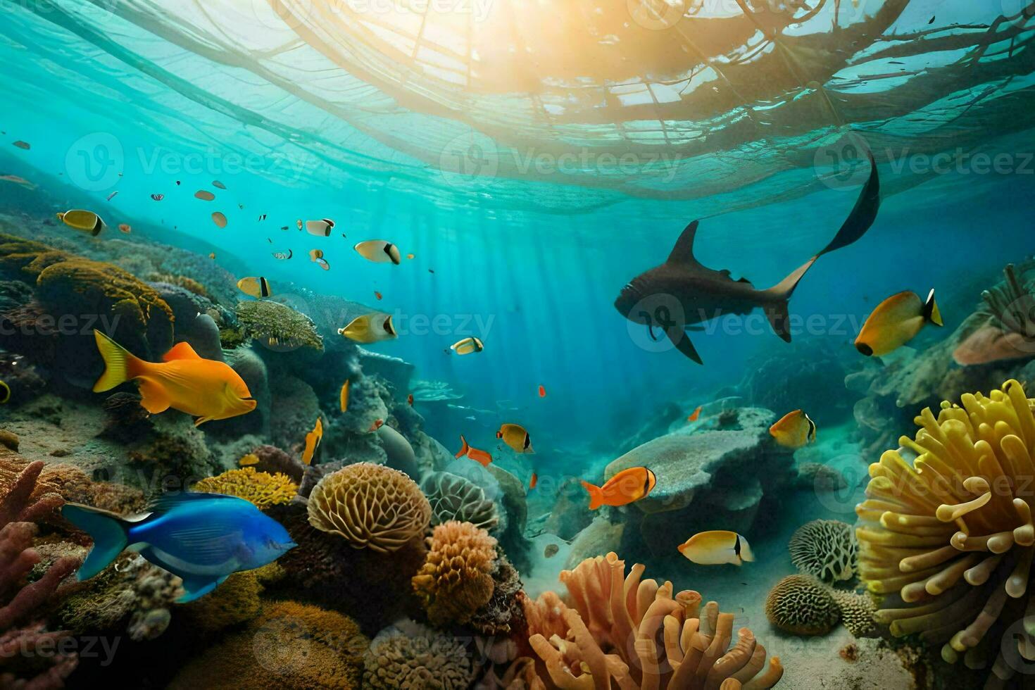 underwater scene with coral reef and fish. AI-Generated photo