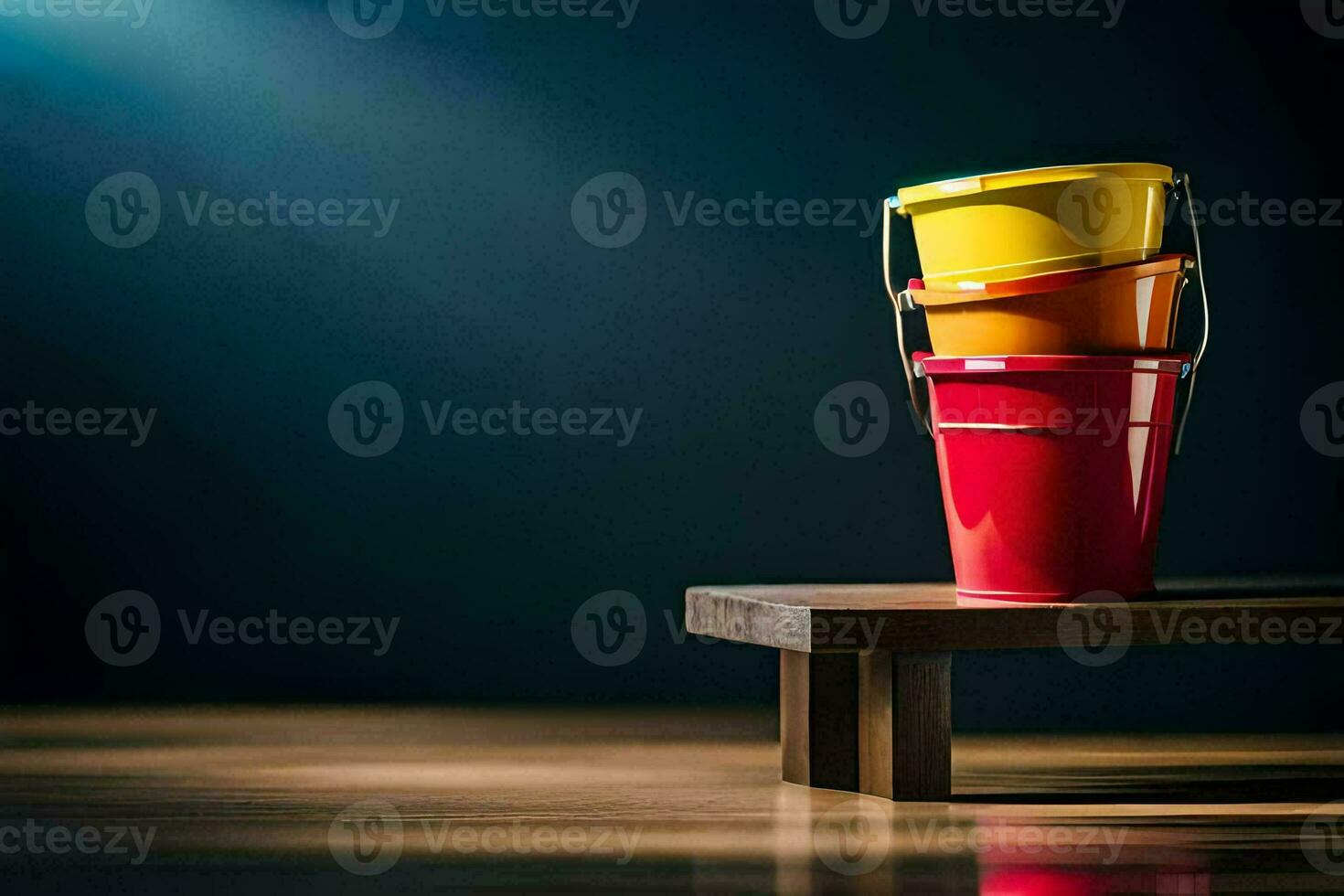 three colorful buckets on a wooden table. AI-Generated photo