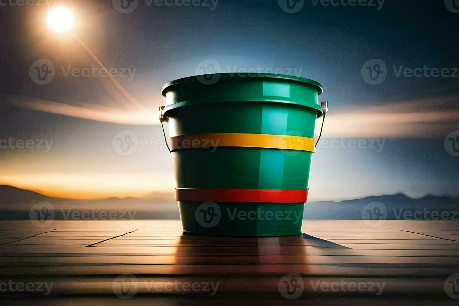 a green bucket sitting on a wooden deck. AI-Generated photo
