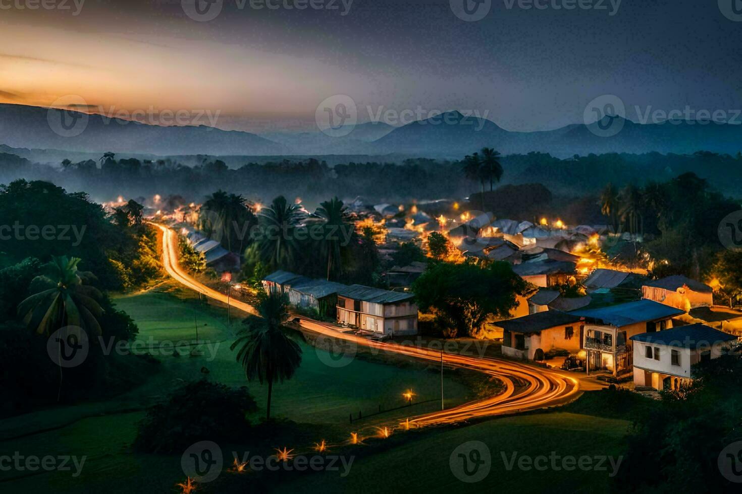 a village at dusk with lights on the road. AI-Generated photo