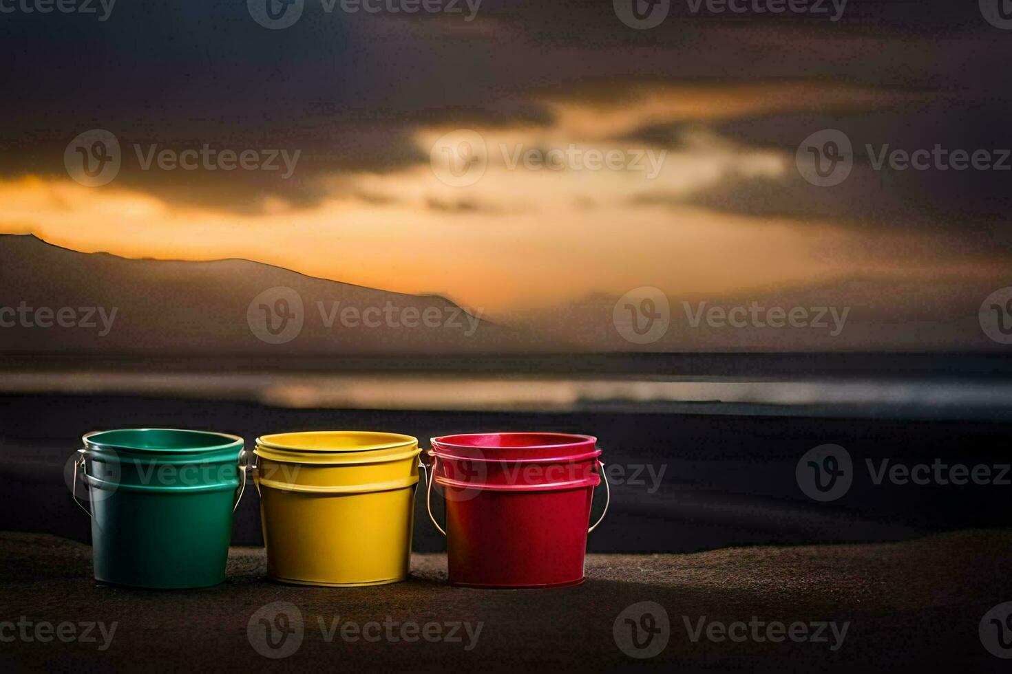 Tres vistoso cubos en el playa a puesta de sol. generado por ai foto