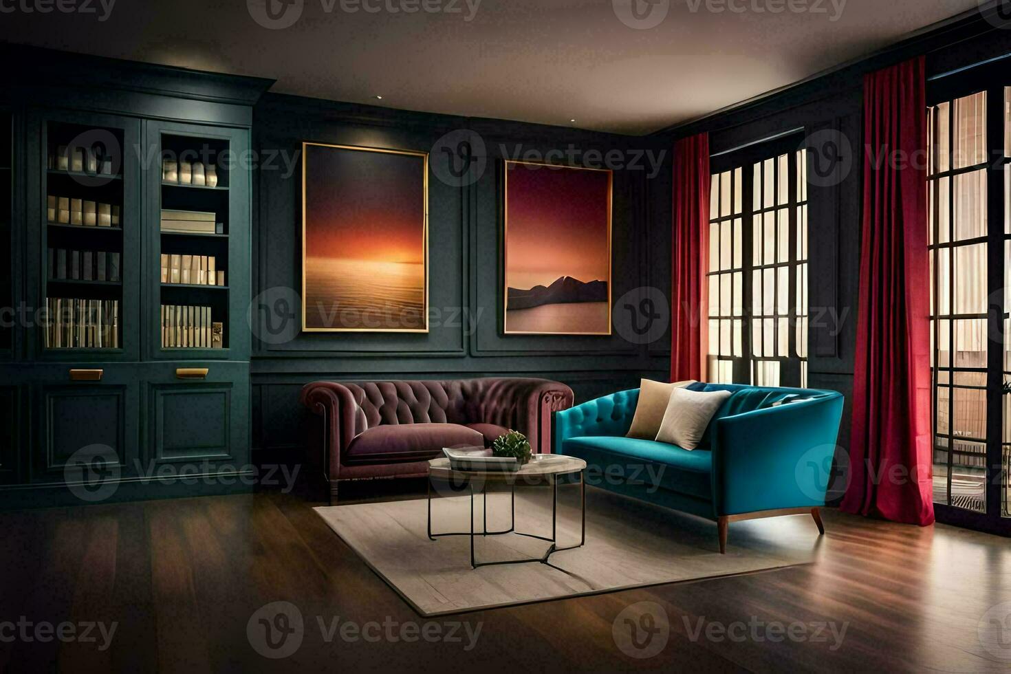 a living room with dark walls and blue furniture. AI-Generated photo