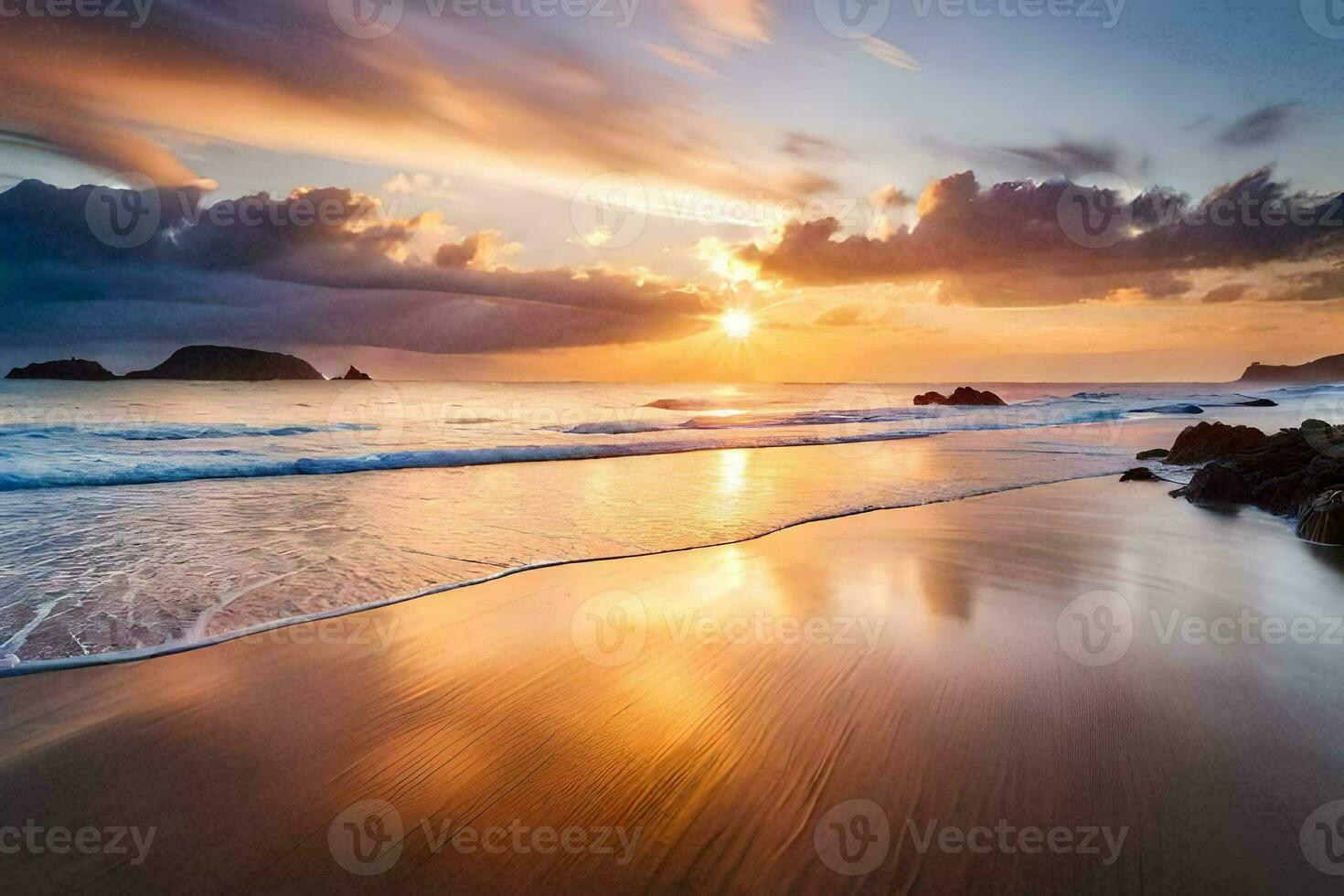 sunset on the beach with waves and clouds. AI-Generated photo