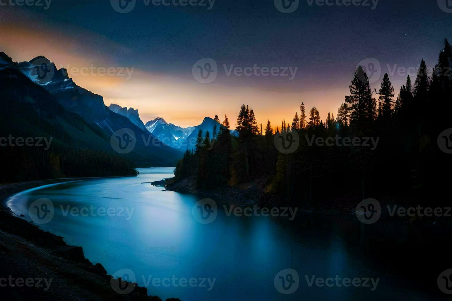 the sun sets over a mountain range and a river. AI-Generated photo