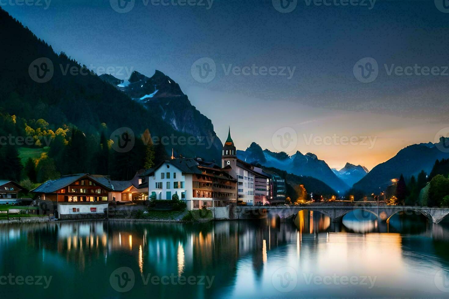 the sun sets over a mountain town and bridge. AI-Generated photo