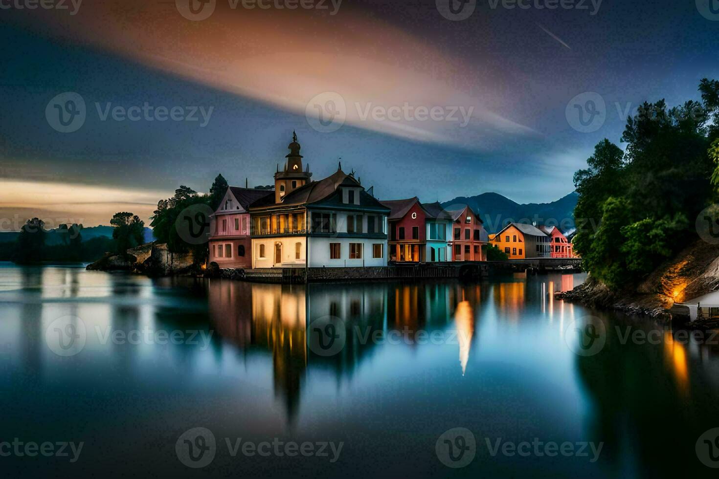 a beautiful night scene with colorful houses on the water. AI-Generated photo