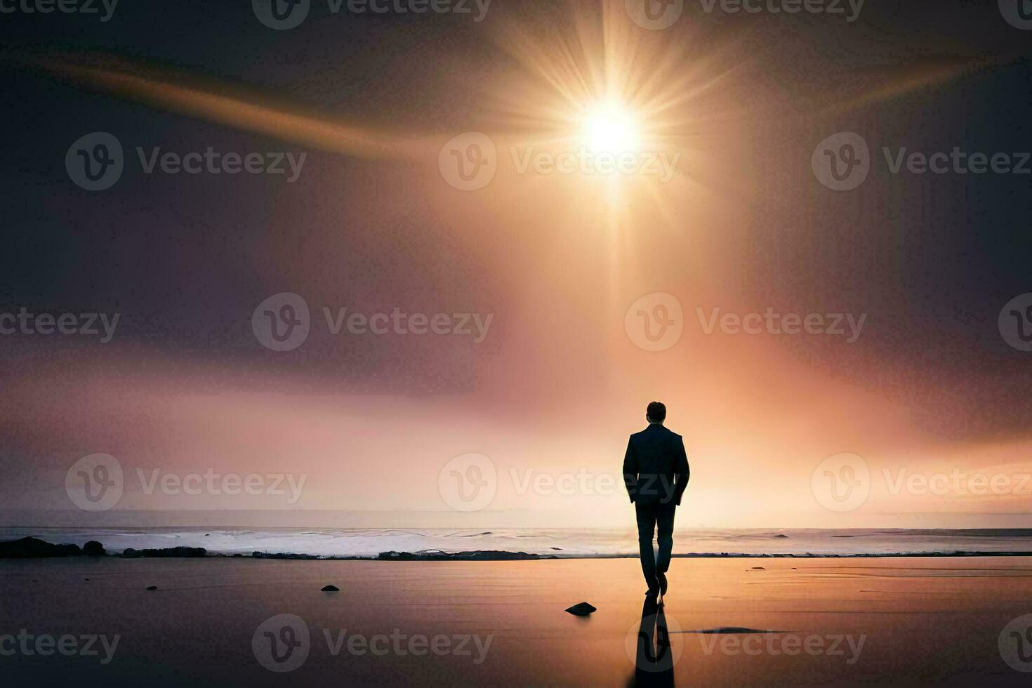 a man standing on the beach looking at the sun. AI-Generated photo