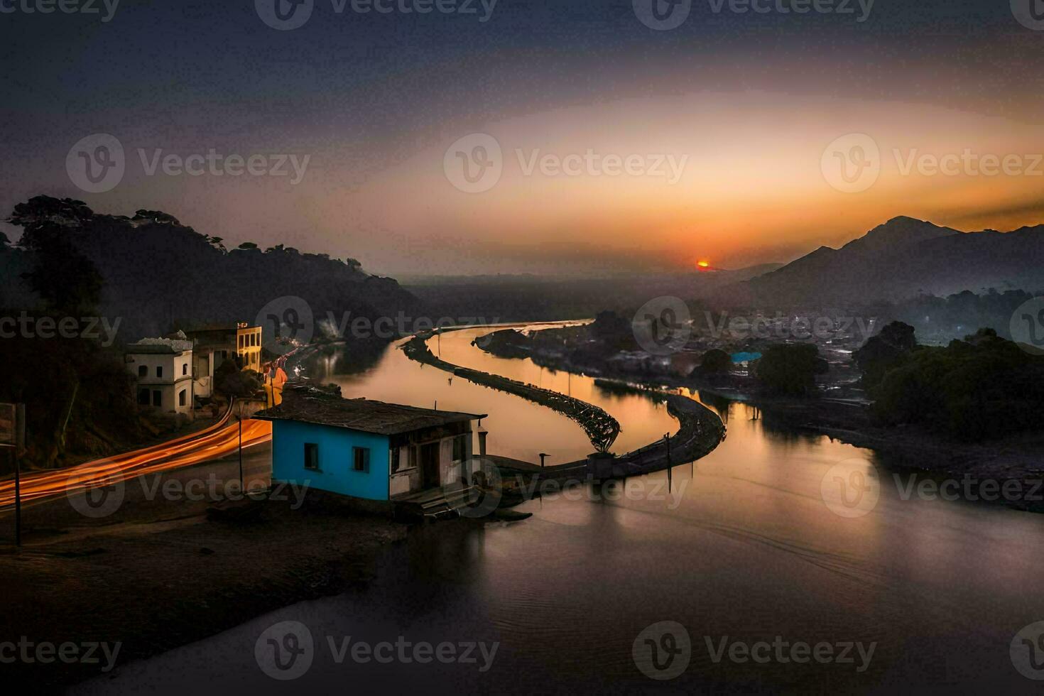the sun sets over a river in a village. AI-Generated photo