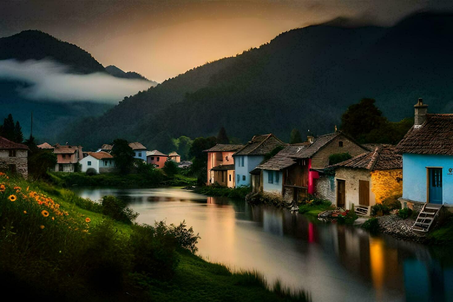 photo wallpaper the sky, mountains, river, houses, village, sunset, the village, the. AI-Generated