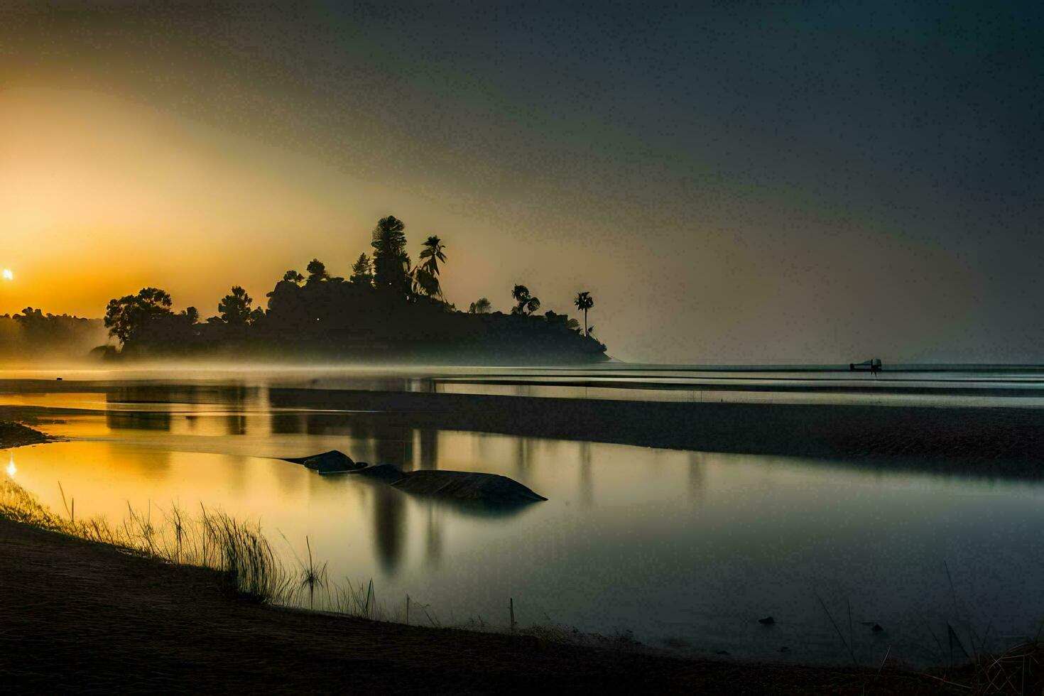 sunrise over the ocean with a foggy sky. AI-Generated photo