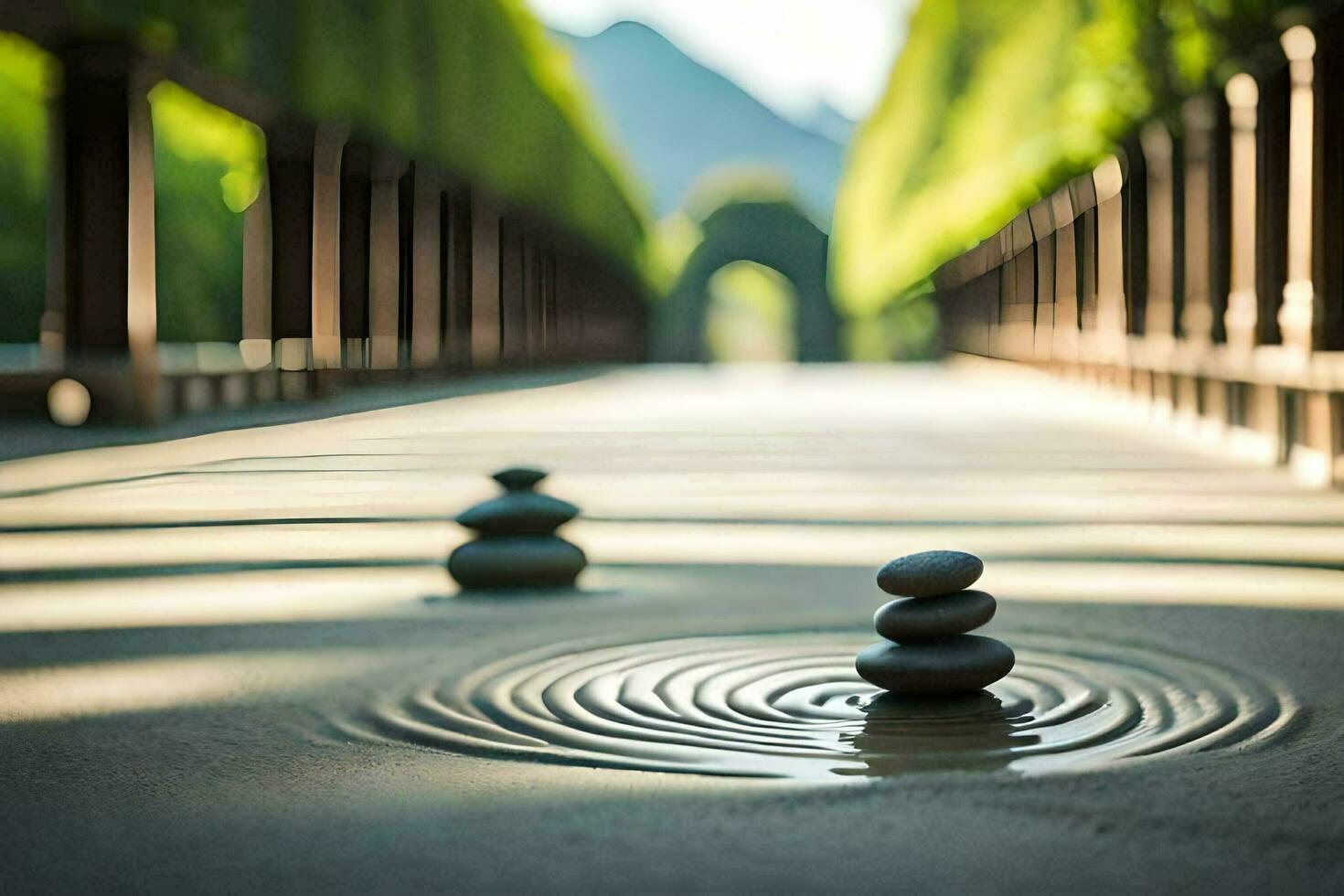 a stone is sitting on the ground next to a fountain. AI-Generated photo