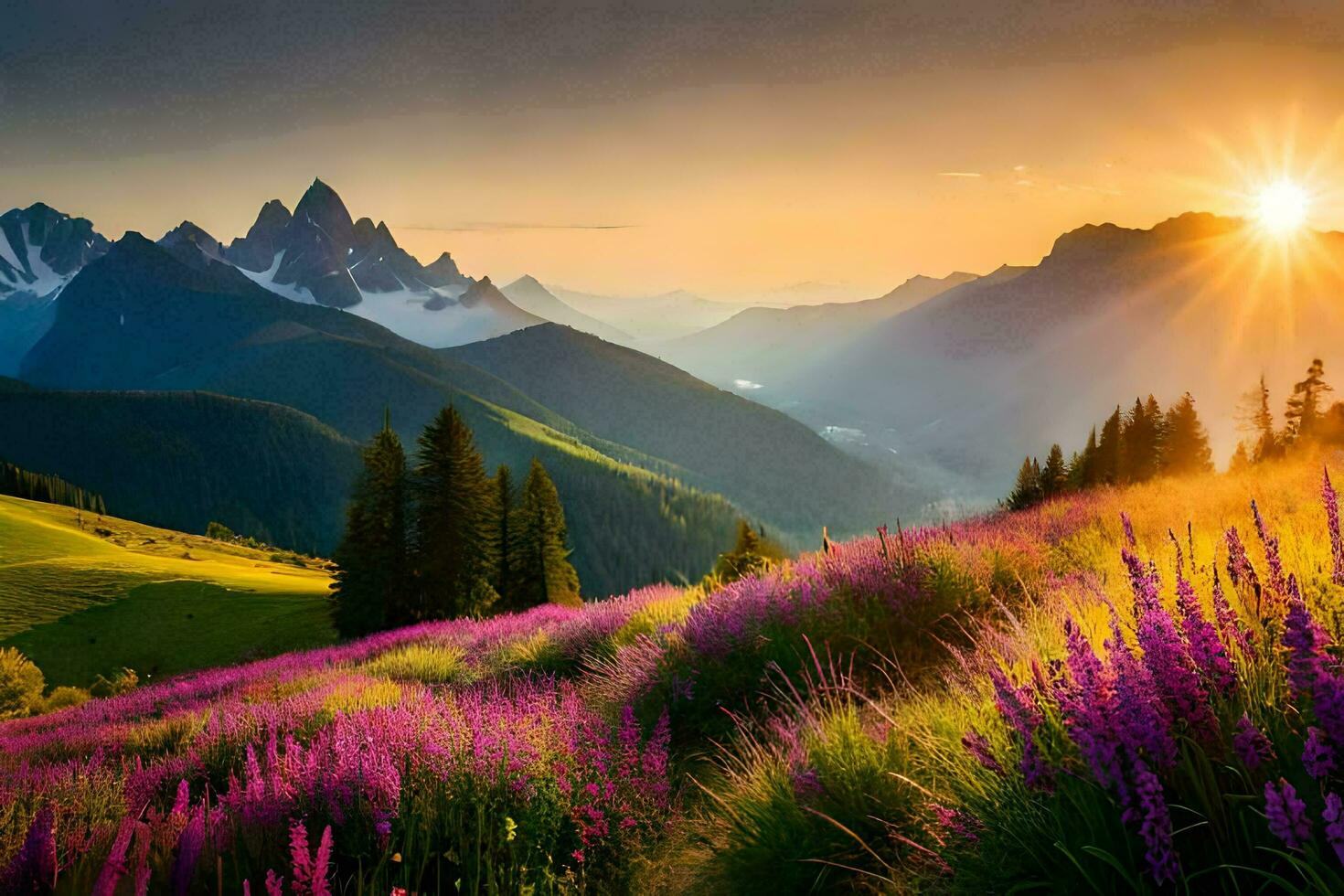 the sun rises over the mountains and flowers in the foreground. AI-Generated photo