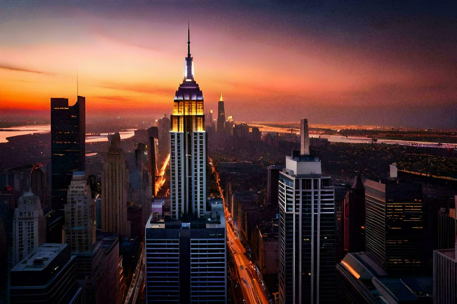 the empire state building is seen at sunset. AI-Generated photo