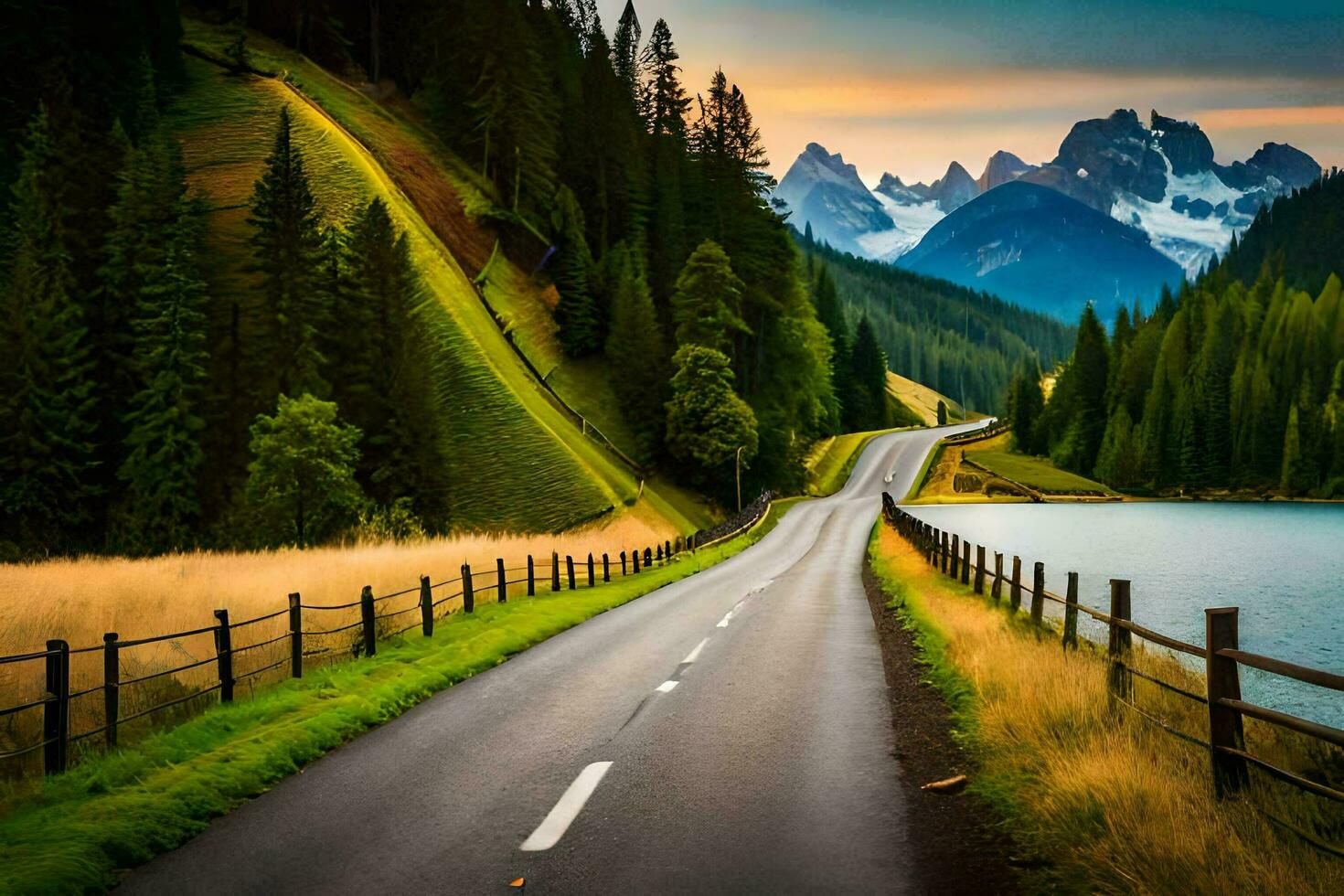 a road leading to a lake and mountains. AI-Generated photo