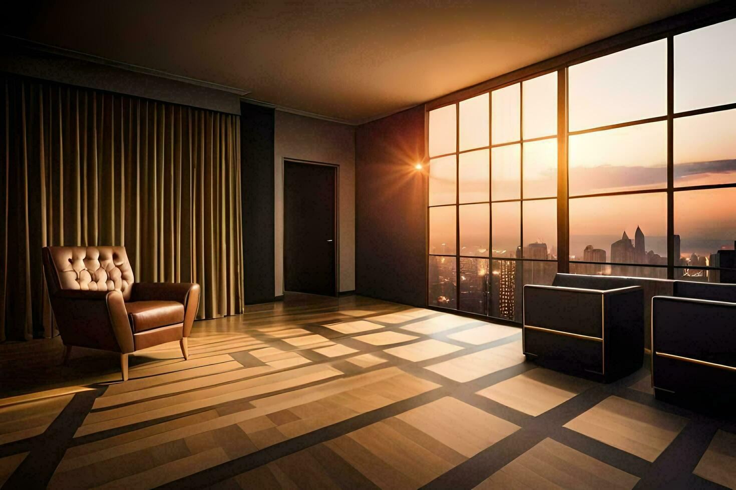 a room with a chair and a view of the city. AI-Generated photo