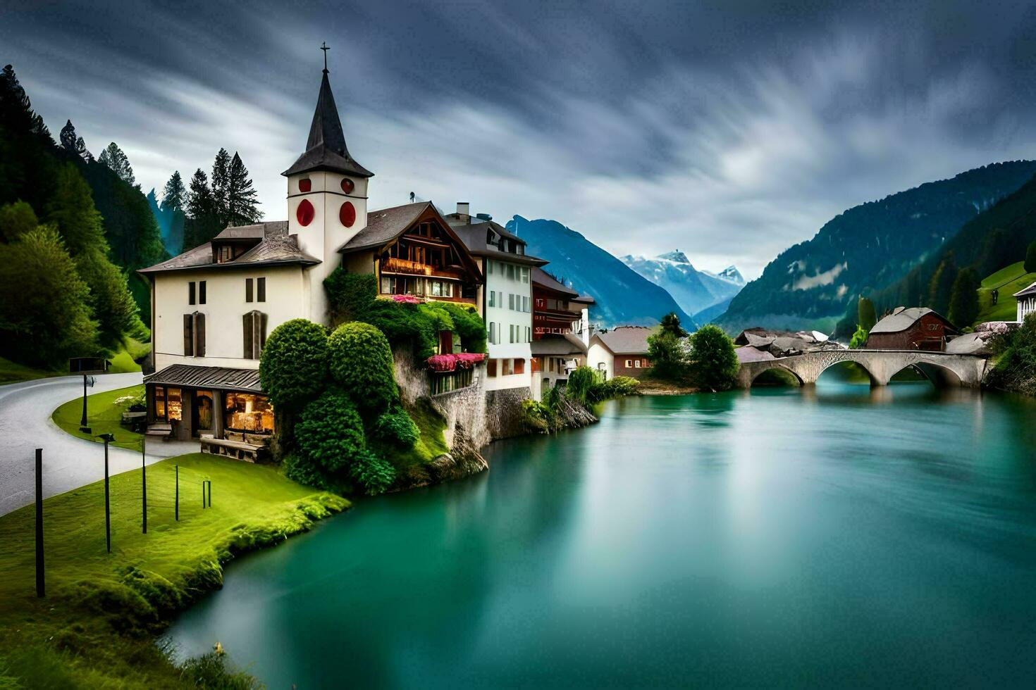 a beautiful village with a river and mountains in the background. AI-Generated photo