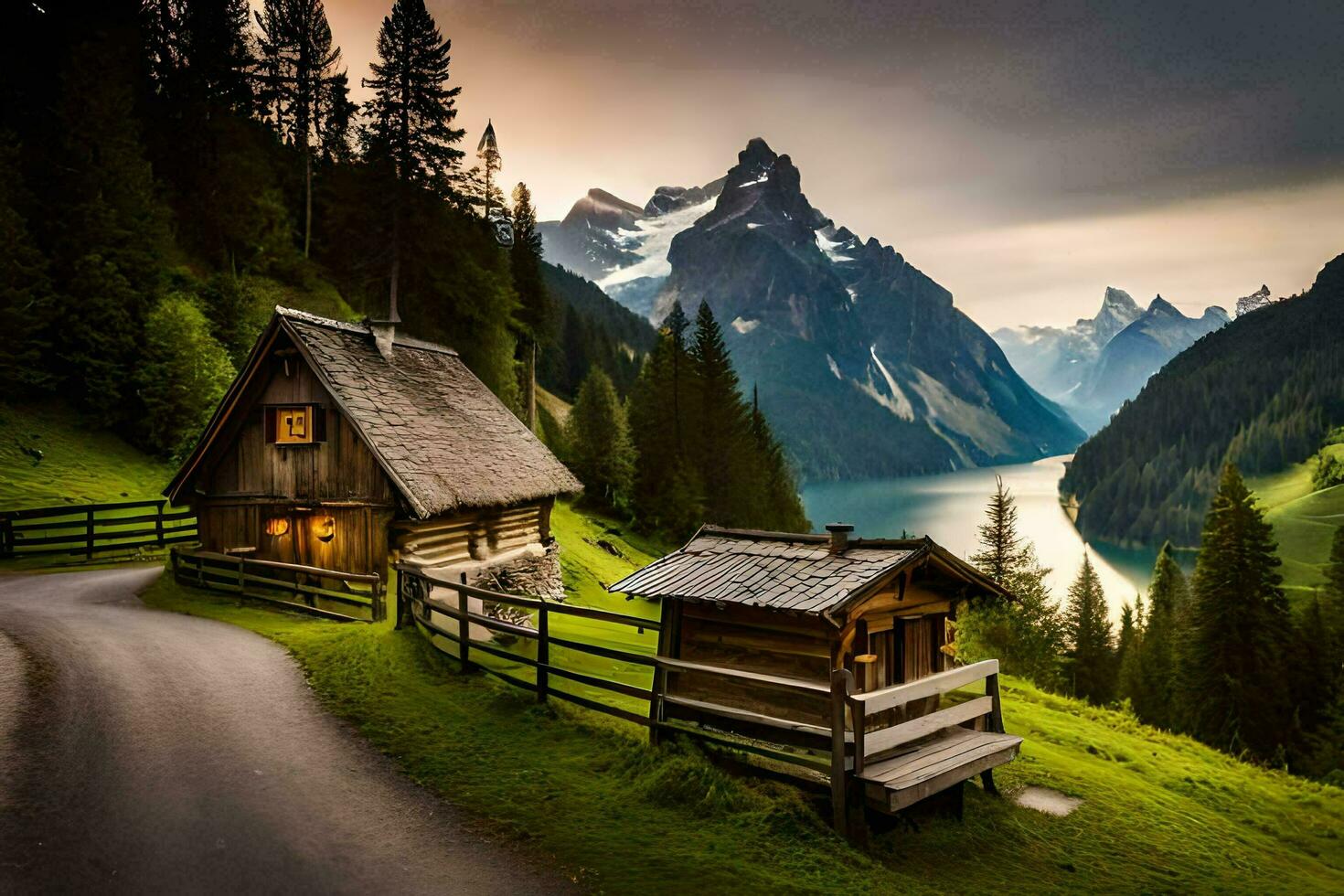 a cabin in the mountains with a lake and mountains in the background. AI-Generated photo