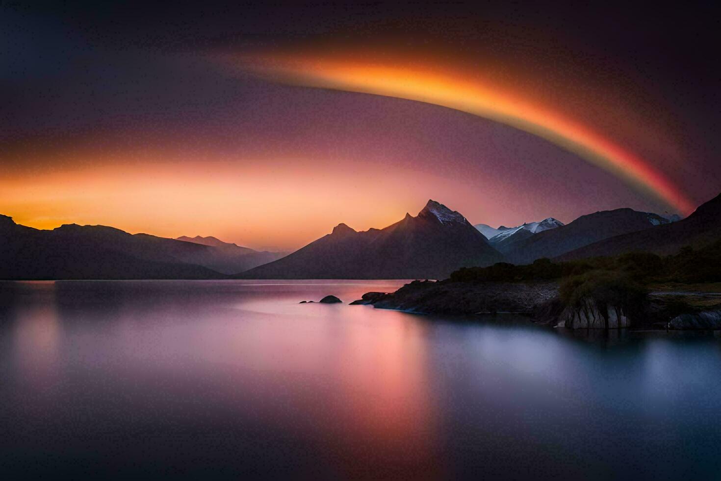 a rainbow over a lake and mountains. AI-Generated photo