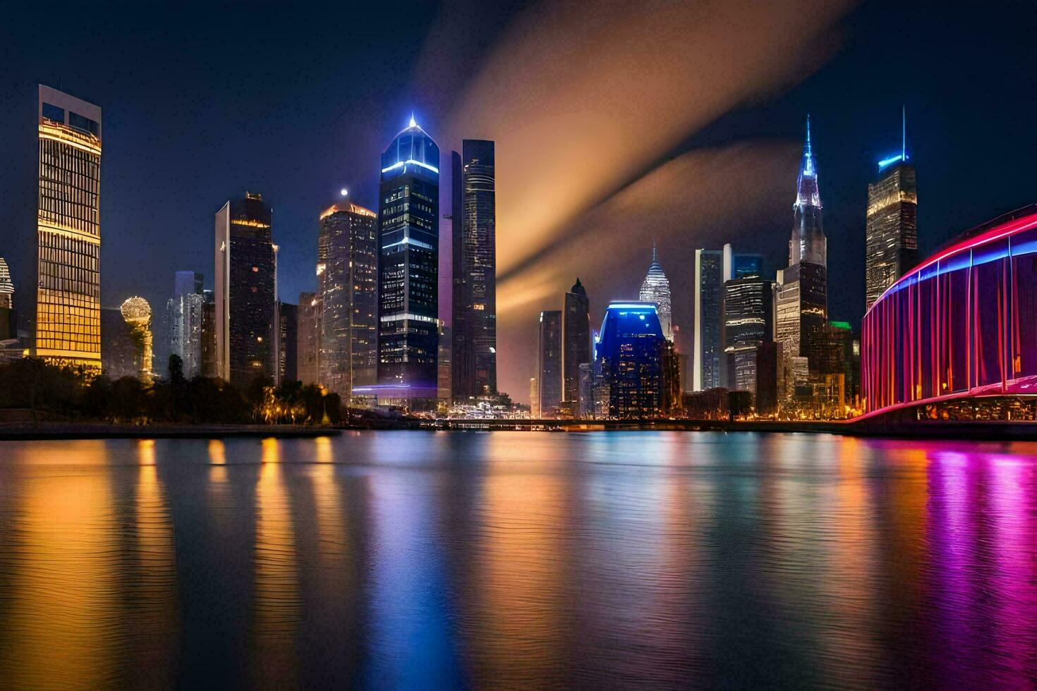 el ciudad horizonte a noche con vistoso luces. generado por ai foto