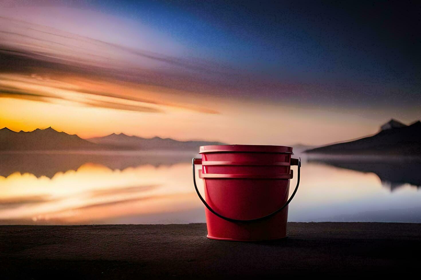 a red bucket sits on the ground near a lake. AI-Generated photo