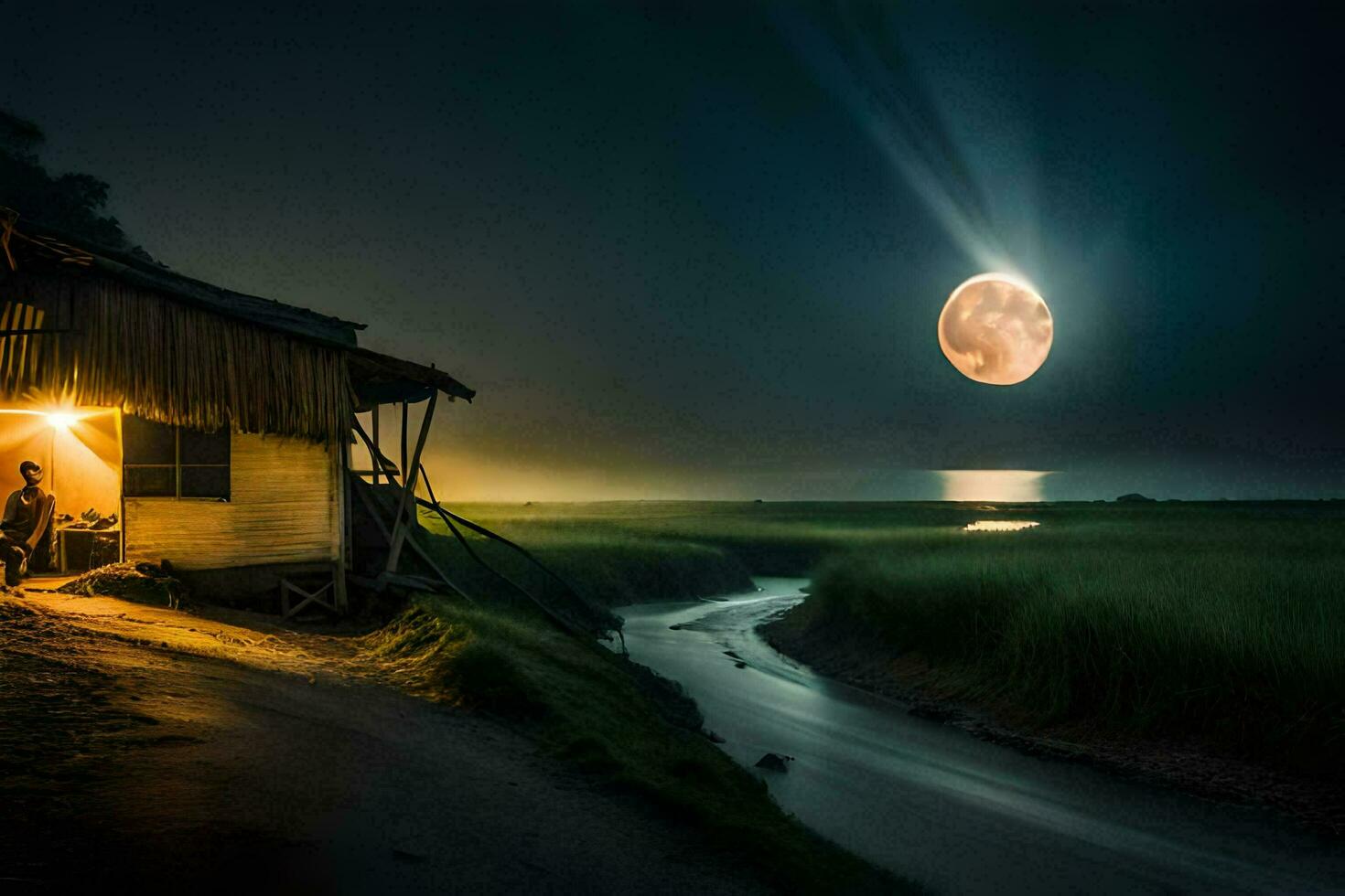 a man stands outside a hut at night with a full moon. AI-Generated photo