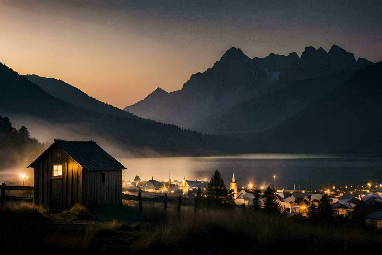 a small cabin sits on the edge of a lake at dusk. AI-Generated photo