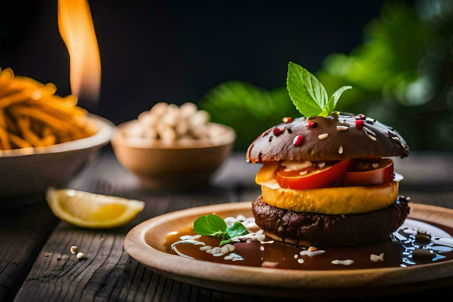 a burger with cheese, tomatoes and herbs on a wooden plate. AI-Generated photo