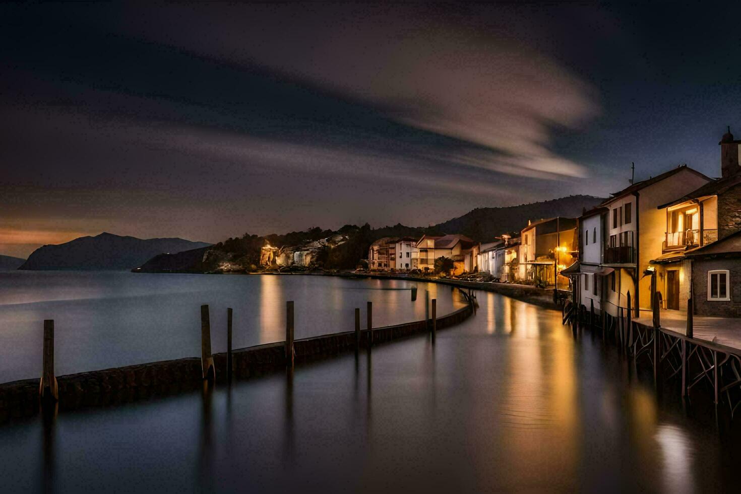 a long exposure photograph of a town at night. AI-Generated photo