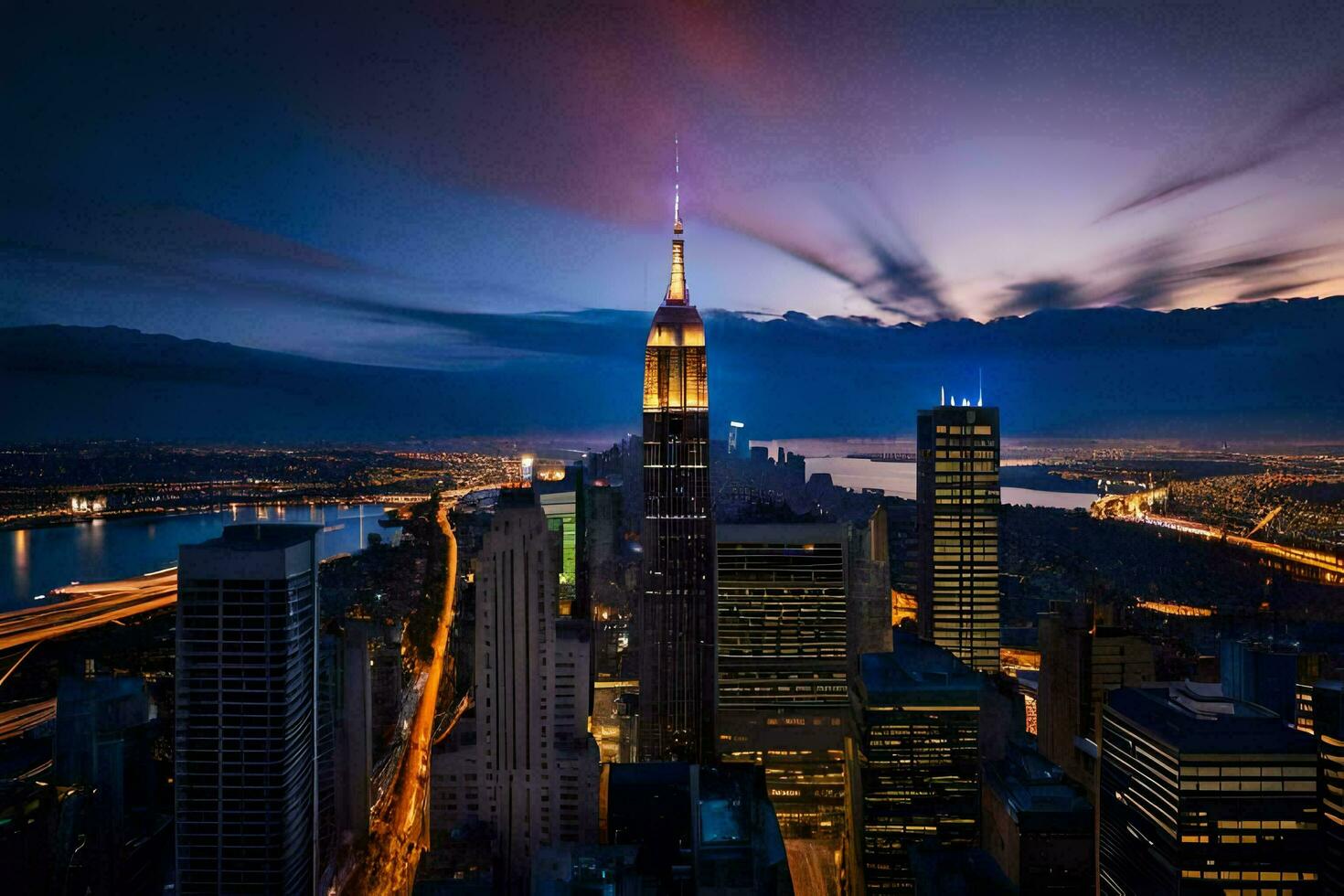 el imperio estado edificio es iluminado arriba a noche. generado por ai foto