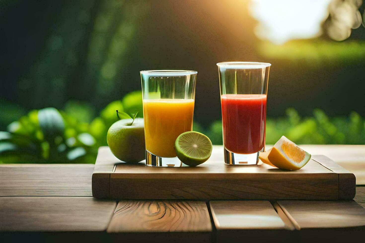 two glasses of juice on a wooden table. AI-Generated photo