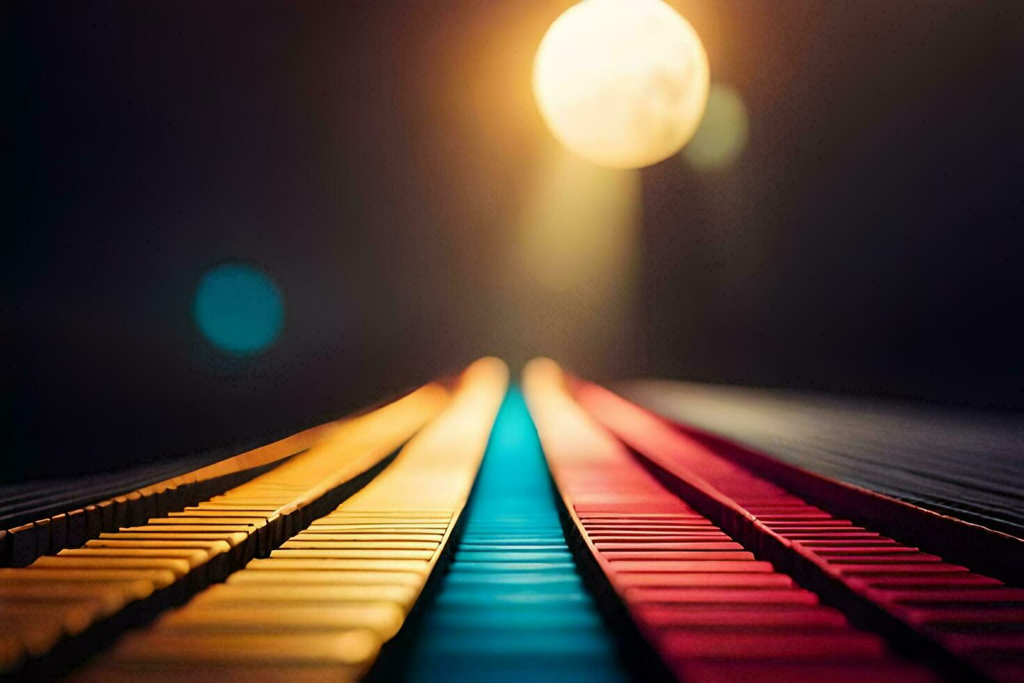 a colorful piano keyboard with the sun shining in the background. AI-Generated photo