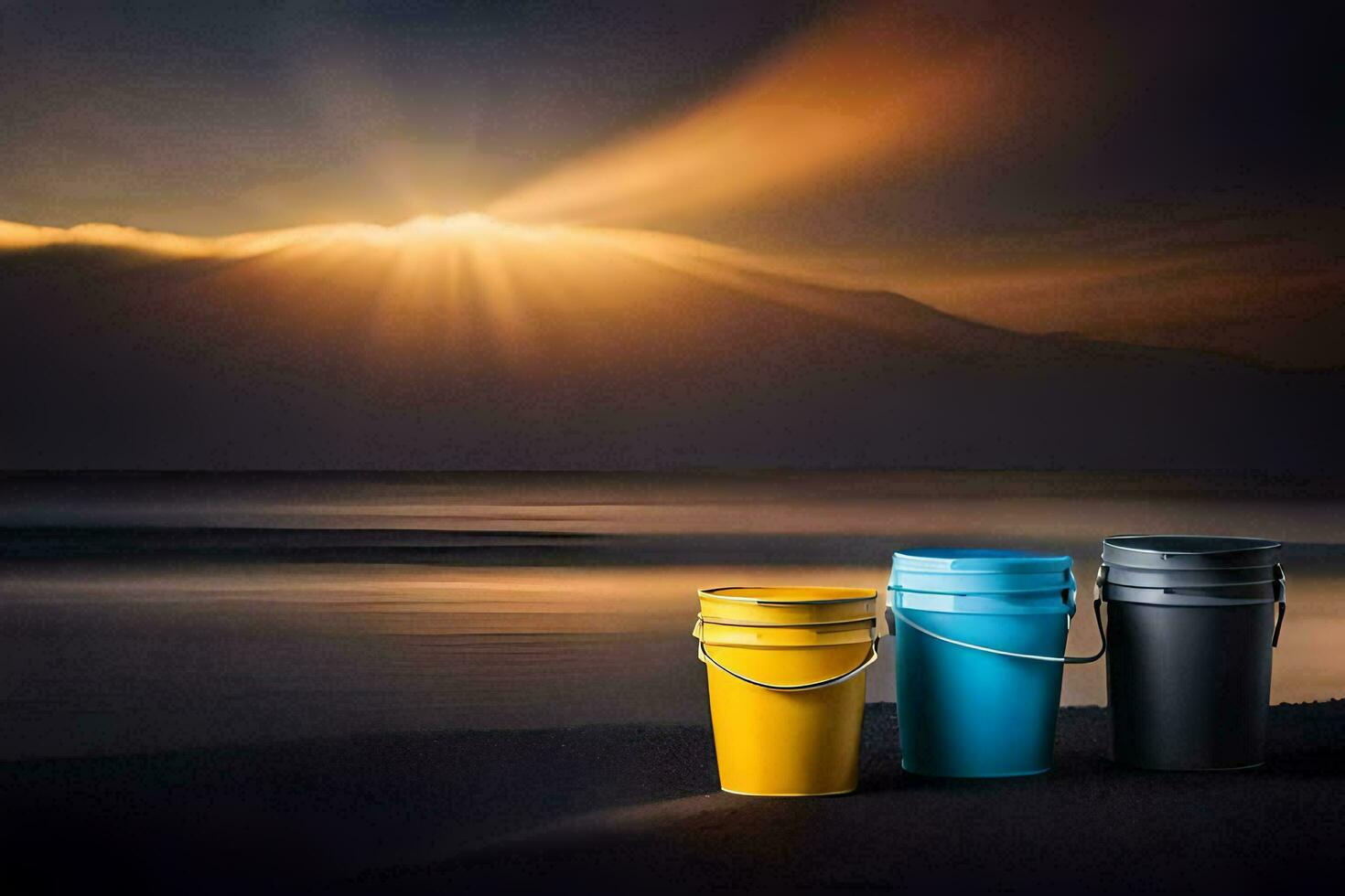 three buckets sit on the beach at sunset. AI-Generated photo