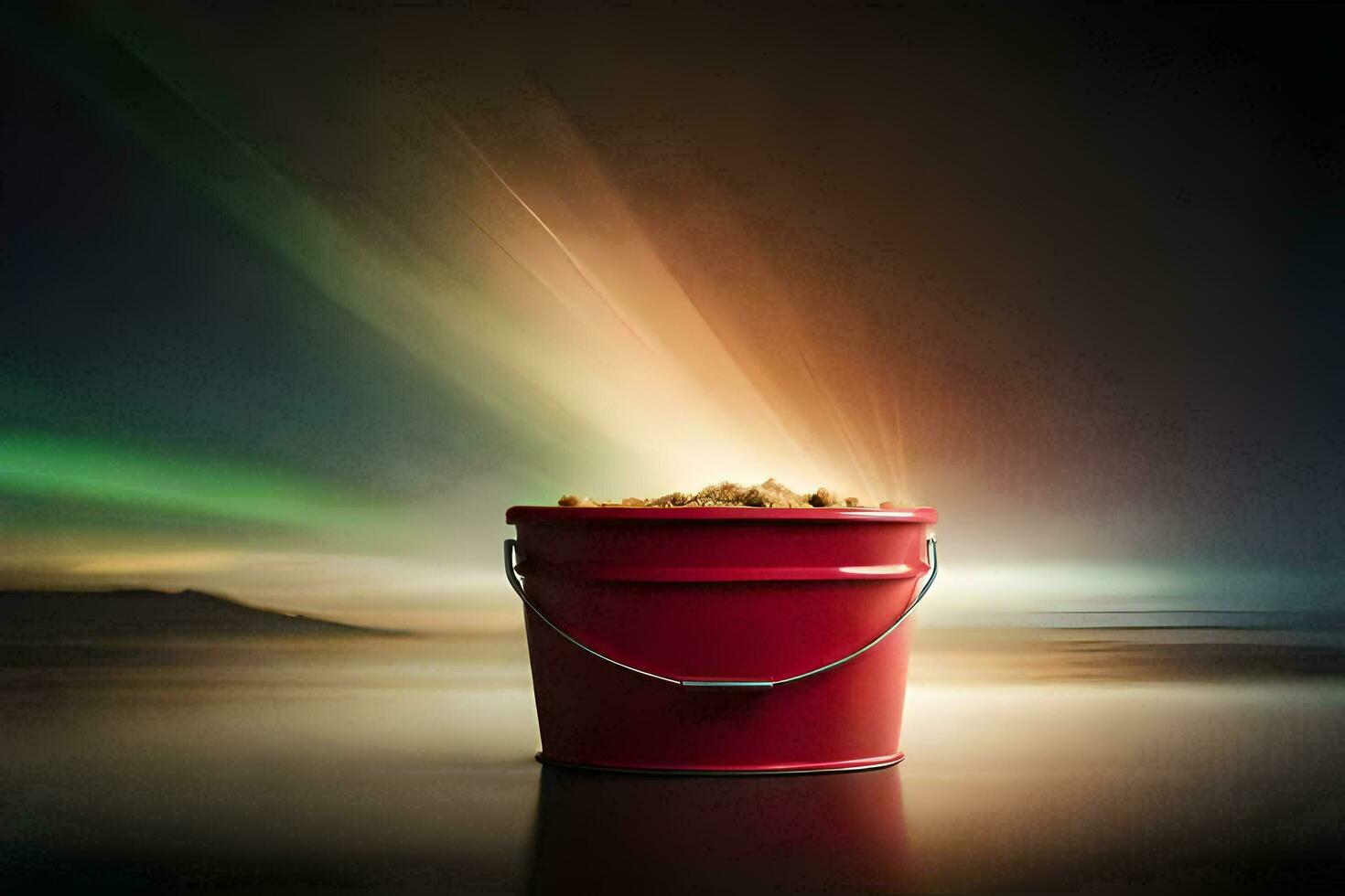 a bucket of food on a table with a bright light behind it. AI-Generated photo