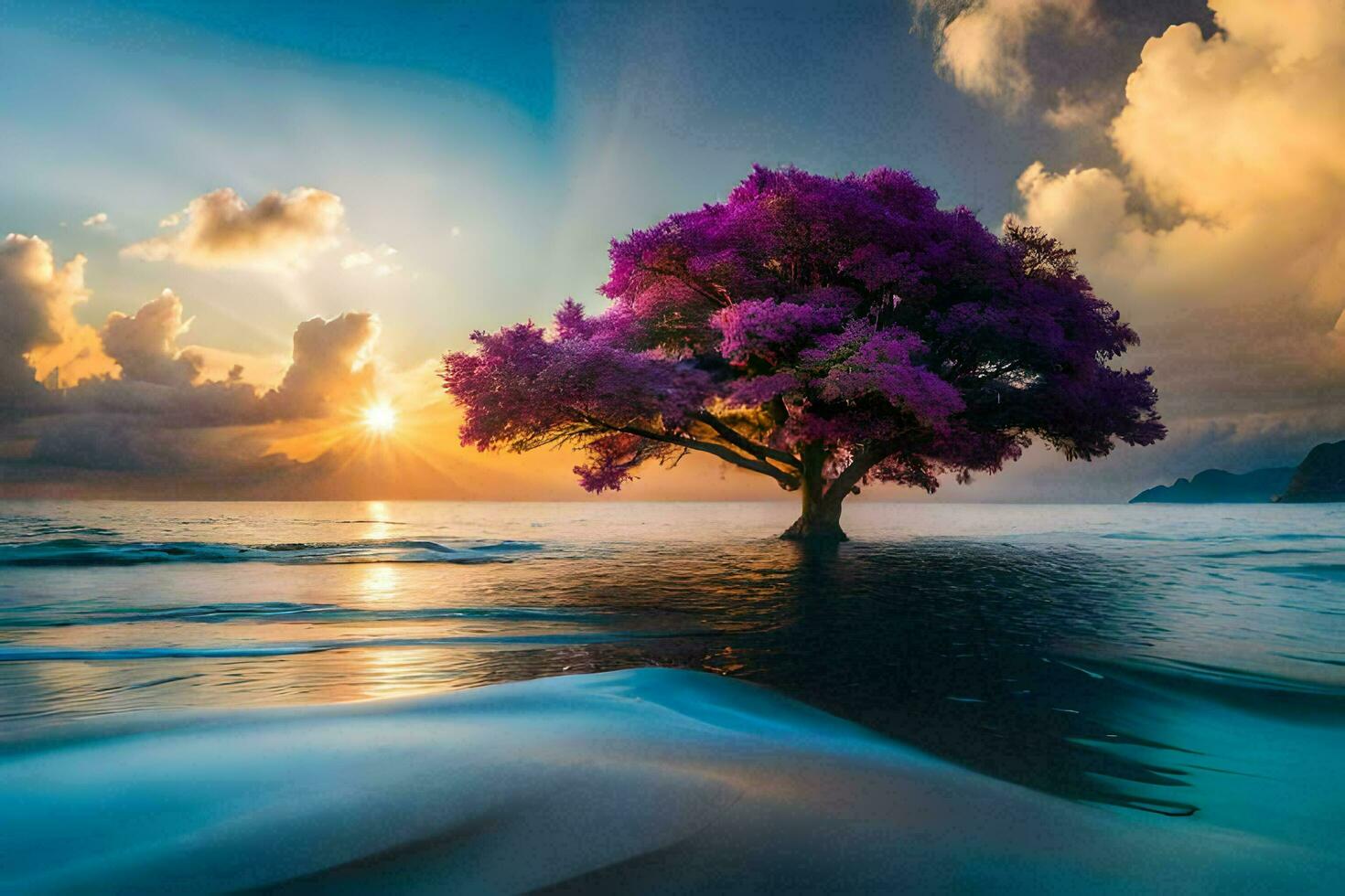 a tree in the ocean at sunset. AI-Generated photo