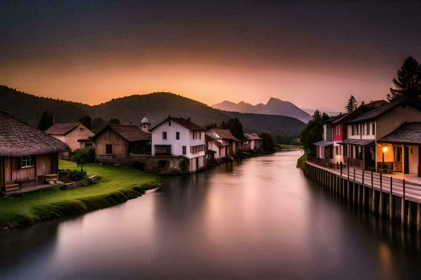 a river runs through a village at sunset. AI-Generated photo